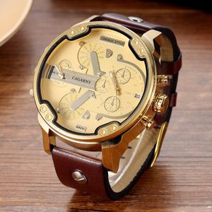Cagarny 6820 Round Large Dial Leather Band Quartz Dual Movement Watch for Men (Gold Surface Dark Brown Band)