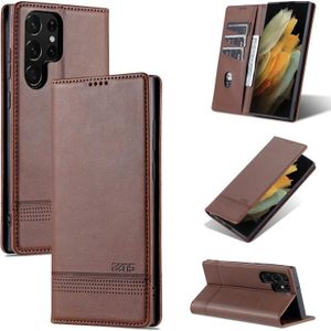 For Samsung Galaxy S22 Ultra 5G AZNS Magnetic Calf Texture Horizontal Flip Leather Phone Case(Dark Brown)