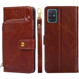 Voor Samsung Galaxy A51 5G Zipper Bag PU + TPU Horizontale Flip Lederen Case met Houder & Card Slot & Portemonnee & Lanyard (Brown)