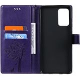 Voor Samsung Galaxy A72 5G Tree & Cat Pattern Pressed Printing Horizontal Flip PU Leather Case with Holder & Card Slots > Wallet > Lanyard (Purple)