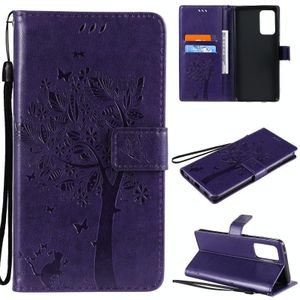 Voor Samsung Galaxy A72 5G Tree & Cat Pattern Pressed Printing Horizontal Flip PU Leather Case with Holder & Card Slots > Wallet > Lanyard (Purple)