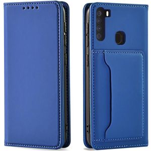 Voor Samsung Galaxy A21 Sterke Magnetisme Liquid Feel Horizontale Flip Lederen case met Holder & Card Slots & Wallet(Blauw)