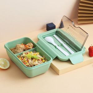 Student Sealed Multi-division Lunch Box Wheat Straw Bento Box Magnetron Plastic Fresh-keeping Box (Matcha Green)