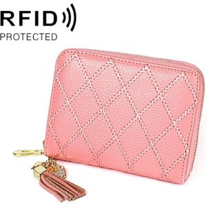 KB213 Diamond textuur rits koeienhuid lederen dubbele rij orgel vorm meerdere kaartsleuven anti-magnetische RFID portemonnee Clutch tas voor dames (roze)