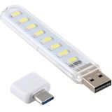 8LEDs 5V 200LM USB LED-boeklamp Draagbaar nachtlampje  met Type-C-adapter (wit licht)