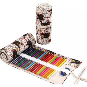 2 stks 24 gaten handgemaakte canvas pen gordijn groot-capaciteit potlood case voor jongens en meisjes kleurpotlood schets briefpapier doos (Lucky Cat)