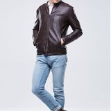 Mannen Slim-fit Washed PU Leather Jacket (Kleur:Koffiemaat:M)