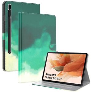 For Samsung Galaxy Tab S7 FE 12.4 inch 2021 T730 / T736 Voltage Watercolor Pattern Skin Feel Magnetic Horizontal Flip PU Leather Case with Holder & Card Slots & Photo Frame(Cyan Green)