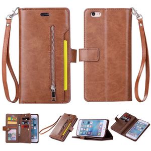 Voor iPhone 6 Plus & 6s Plus Multifunctionele Rits Horizontale Flip Lederen Case met Holder & Wallet & 9 Card Slots & Lanyard(Bruin)