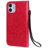Voor iPhone 12 mini Geperst Afdrukken Zonnebloempatroon Horizontaal Flip PU Lederen Kast Houder & KaartSloten & Wallet & Lanyard(Rood)