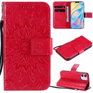 Voor iPhone 12 mini Geperst Afdrukken Zonnebloempatroon Horizontaal Flip PU Lederen Kast Houder & KaartSloten & Wallet & Lanyard(Rood)