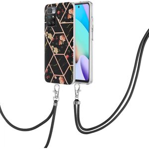 Voor Xiaomi Redmi 10 Electroplating Splicing Marmeren Bloem TPU Telefoonhoesje met Lanyard (Black Flower)