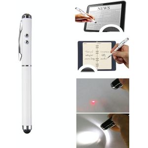 At-16 4 in 1 Mobile Phone Tablet Universal Handwriting Touch Screen Pen met Common Writing Pen & Red Laser & LED Light Function(White)