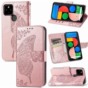 Butterfly Love Flowers Relif Horizontale Flip Leren Case met Houder & Card Slots & Wallet & Lanyard voor Google Pixel 5A 5G (Rose Gold)