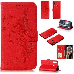Voor Galaxy A20s Feather patroon Litchi textuur horizontale Flip lederen draagtas met houder & portemonnee & kaartsleuven (rood)