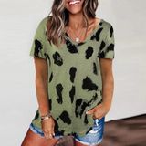 Leopard Texture Print Losse T-shirt met korte mouwen voor dames (kleur: Leger Groen Maat: S)