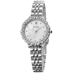 SKMEI 1799 Pearl Diamond Ronde wijzerplaat Roestvrijstalen riem Quartz horloge voor dames (zilver en wit oppervlak)
