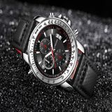 OCHSTIN 6125B Horloge Quartz Watch Night Light Waterproof Watch Timing Multi function Leather Fashion Men Watch (Zilver Zwart)