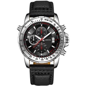 OCHSTIN 6125B Horloge Quartz Watch Night Light Waterproof Watch Timing Multi function Leather Fashion Men Watch (Zilver Zwart)