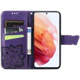 Voor Samsung Galaxy S21 Fe Butterfly Love Flowers Relif Horizontale Flip Lederen Case met Houder & Card Slots & Wallet & Lanyard (Dark Purple)