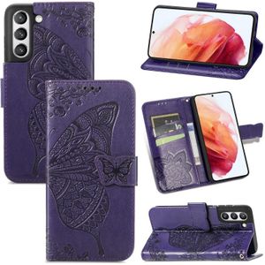 Voor Samsung Galaxy S21 Fe Butterfly Love Flowers Relif Horizontale Flip Lederen Case met Houder & Card Slots & Wallet & Lanyard (Dark Purple)