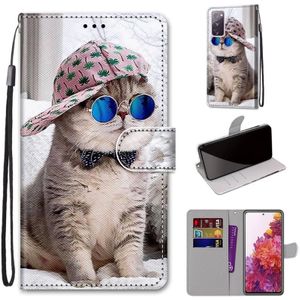 Voor Samsung Galaxy S20 FE 5G Coloured Drawing Cross Texture Horizontale Flip PU Lederen case met Holder & Card Slots & Wallet & Lanyard(Schuine hoed Blauwe Spiegel cat)