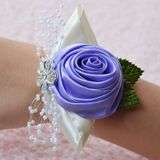 Handgemaakte Wedding Bride pols bloem corsages boeket Corsage Diamond satijn Rose Flowers(Purple)