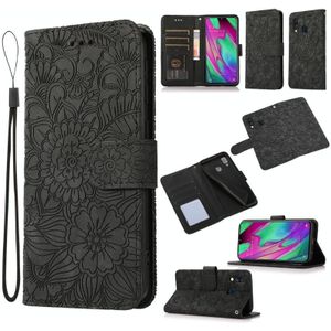 Voor Samsung Galaxy A40 Skin Feel Relif Zonnebloem Horizontale Flip Leren Case Met Houder & Card Slots & Wallet & Lanyard (Black)