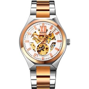 SKMEI 9258 heren twee-kleuren rvs riem automatisch mechanisch horloge (middelste roos goud shell zilver oppervlak)