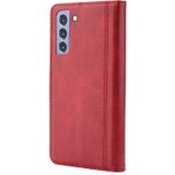Voor Samsung Galaxy S21 FE Kalf textuur dubbele vouw gesp horizontale flip lederen geval met fotolijst & houder & kaart slots &portemonnee (rood)
