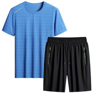 Zomer heren T-shirt korte broek sportpak casual fitness tweedelige set  maat: XXXL (blauwe top + zwarte shorts)