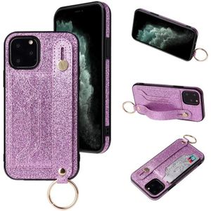 Glitter Powder PU+TPU Schokbestendige beschermhoes met houder & kaartslots & polsbandje voor iPhone 11 Pro(Paars)