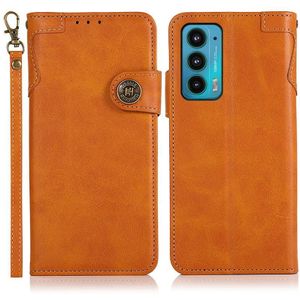 Voor Motorola Edge 20 Khazneh Dual-Splicing Koeienhuid Textuur Horizontale Flip Leren Case met Houder & Kaart Slots & Portemonnee & Photo Frame & Lanyard (Brown)