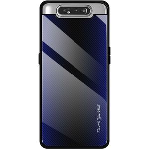 Voor Galaxy A80 / A90 Texture Gradient Glass Protective Case (Donkerblauw)