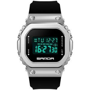 Sanda 9006 LED Digital Display Square Dial Sport Elektronisch Horloge voor Mannen en Vrouwen (Black Silver)