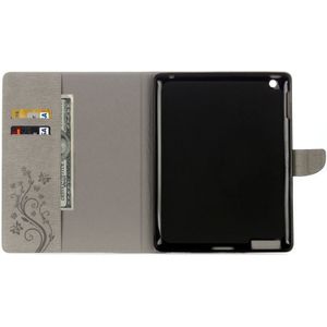 Voor iPad 4 geperste bloemen vlinder patroon horizontaal flip PU lederen draagtas met magnetische Buckle & houder & Card Slots & Wallet(Grey)