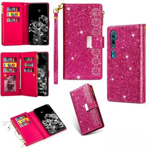 Voor Xiaomi Note 10 Pro Multi-card Slots Starry Sky Laser Carving Glitter Zipper Horizontale Flip Lederen Case met Holder & Wallet & Lanyard(Rose Red)