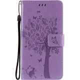 For OPPO Reno6 Pro+ 5G Tree & Cat Pattern Pressed Printing Horizontal Flip PU Leather Case with Holder & Card Slots & Wallet & Lanyard(Light Purple)