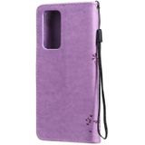 For OPPO Reno6 Pro+ 5G Tree & Cat Pattern Pressed Printing Horizontal Flip PU Leather Case with Holder & Card Slots & Wallet & Lanyard(Light Purple)