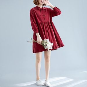 Losse plus maat linnen katoenen ruffle jurk (kleur: wijn rood formaat: M)