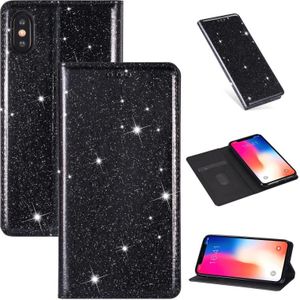 Voor iPhone XS Max Ultradunne Glitter Magnetic Horizontal Flip Leather Case met Holder & Card Slots(Zwart)
