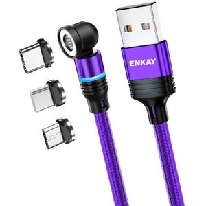 ENKAY 3 in 1 3A USB naar Type-C / 8 Pin / Micro USB Magnetische 540 Graden Roterende Snelle Oplaadkabel  Lengte: 2m (Paars)
