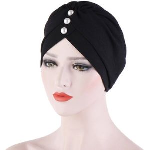 2 PC'S vrouwen voorhoofd fold parel decoratieve Hooded GLB tulband hoed  grootte: One size (zwart)