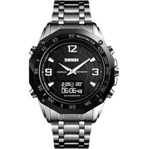 SKMEI 1464 multifunctionele mannen outdoor Business sport waterdichte stalen riem dubbele display digitale horloge (zilver)