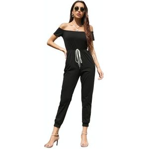 One-Shoulder Off-Shoulder Short-mouwen Lace-Up Solid Color Jumpsuit (Color: Black Size: XL)