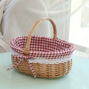 Handgeweven Picknickmand Sackcloth Rattan Opslag Mand  Specificatie: Groot (Primaire kleur rode controle doek)