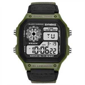 Synoke 9619b Nylon Canvas Strap Lichtgevend Waterdicht Digitaal Horloge (Green Head Green Belt)