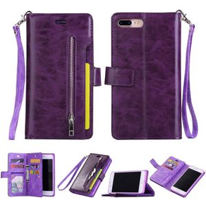 Voor iPhone 8 Plus & 7 Plus Multifunctionele Rits Horizontale Flip Lederen case met Holder & Wallet & 9 Card Slots & Lanyard(Paars)