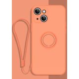All-inclusive Liquid Silicone Phone Protective Case with Ring Holder & Lanyard For iPhone 13 mini(Coral Orange)