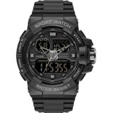 Sanda 6025 Dual Time Digital Display Lichtgevende Kalender Waterdicht Multifunctioneel Mannen Sport Quartz Horloge (All Black)